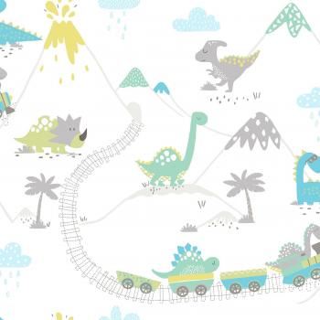 Dino Town Grey & Soft Teal Wallpaper