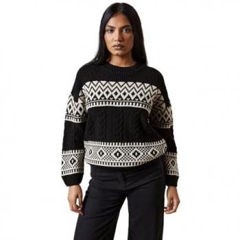 Black XS Women's Petite Patchwork Fairisle Crew Neck Sweater