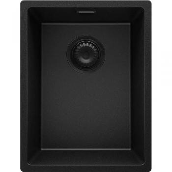 Évier cuisine granit noir 36 × 47 cm, lavabo 1 bac + kit de vidange – London Slim (S007)