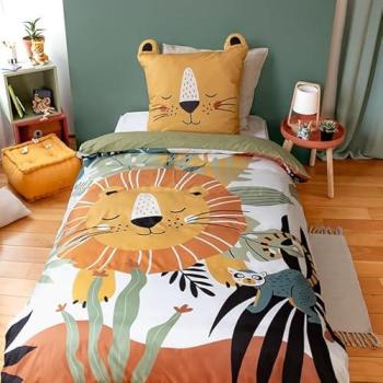 Kit de lit enfant – Décor lion – Housse 140x200 cm – Taie d’oreiller 3D – Microfibre