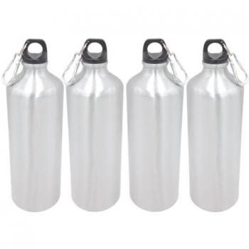 4x Sportflasche Aluminium 1L silber mit Karabiner