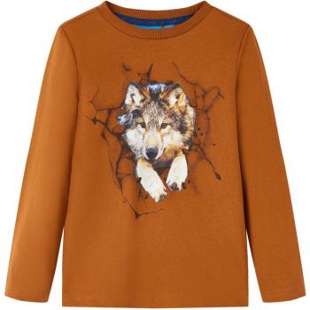 Ropa Infantil: Camiseta de Manga Larga con Motivo de Lobo en Color Coñac
