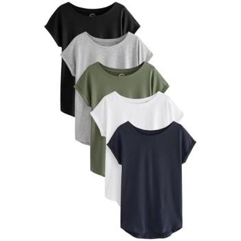 Next Grey/White/Black/Navy Blue/Khaki Green Cap Sleeve T-Shirts 5er Damenpaket