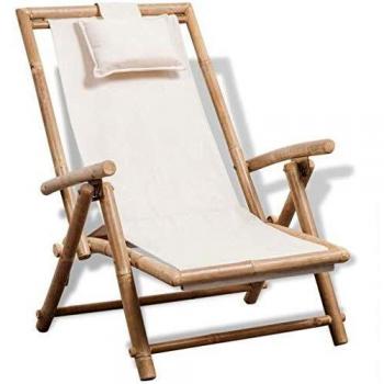 Tumbona blanca de bambú con respaldo ajustable y almohada incluida