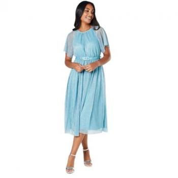 Petite Turquoise Metallic Plisse Angel Sleeve Midi Dress