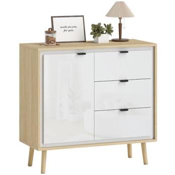 Aparador Homcom Salón Moderno con Puerta, 3 Cajones y Estante Ajustable – Blanco Brillo y Roble
