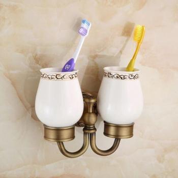 Brass and Ceramic Toothbrush and Toothpaste Holder, Antique Bronze