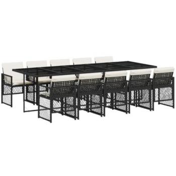 VidaXL 11-tlg. Essgruppe für den Außenbereich mit Kissen Schwarz Rattan