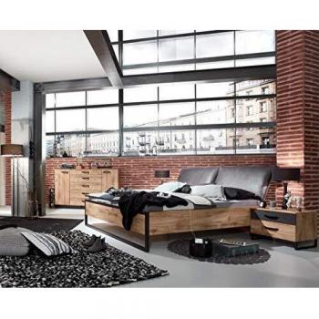 Lit Futon Adulte avec Tête de Lit Rembourrée et 2 Chevets en Bois Massif Imitation Chêne Rehaussé Raw Steel