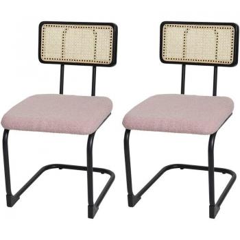 Juego de 2 Sillas Basculantes 712: Madera Ratán + Metal Bouclé + Tela Rosa