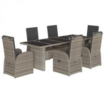 VidaXL 7 Piece Patio Dining Set with Cushions Grey Poly Rattan