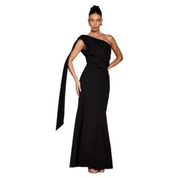 Elegant Black One-Shoulder Crepe Maxi Dress, Size 16