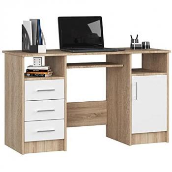 Akord Ana Office‑Desk – Sonoma‑Eiche, Front weiß, 3 Schubladen, 5 Ablagen (124 × 74 × 52 cm)