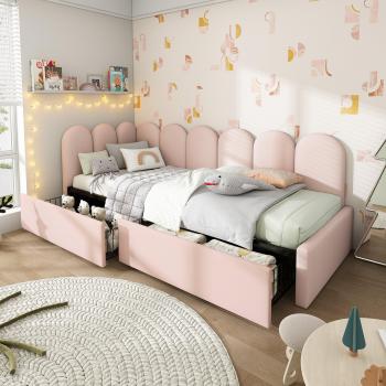 Cama Individual con Cajones de Terciopelo Rosa