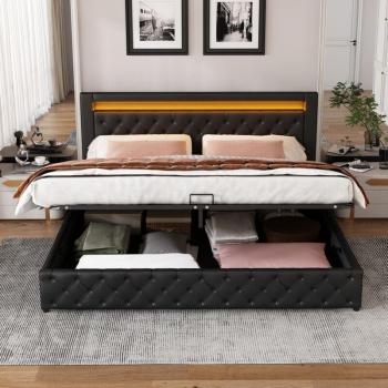 Lit coffre capitonné double 180x200 cm – sommier à lattes + LED, PU, noir