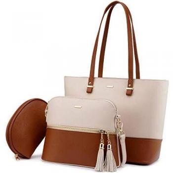 Handtasche Damen Umhängetasche 3-teiliges Set, Beige-Braun