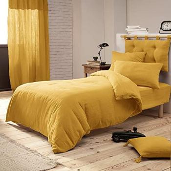 Cdaffaires Pack Parure Couette 140x200 cm + Drap Housse 90x190 cm + Taie Gaze Coton Bio Jaune