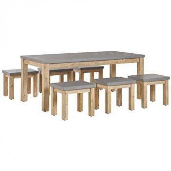 Ensemble de Terrasse Tendance Table et 6 Tabourets Gris en Fibre-Ciment et Acacia