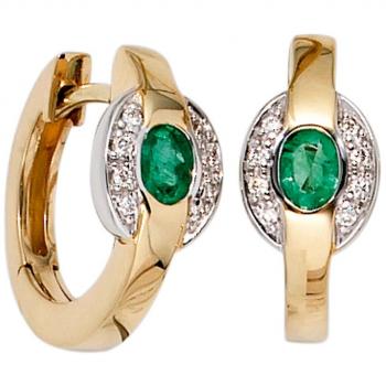 Jobo Damen Creolen 585 Gold Gelbgold bicolor 16 Diamanten 2 Smaragde Ohrringe