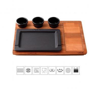 Piatto in ghisa con supporto in legno 25x17 cm