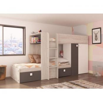Struttura letto a soppalco con armadio inclusivo, finitura nero grafite e bianco opaco