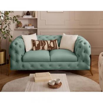 Canapé Chesterfield 2 places, velours bleu, pieds métalliques dorés
