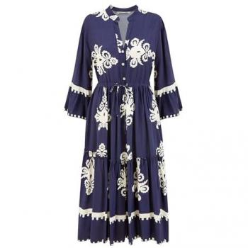 Navy Long Sleeve Viscose Midi Dress