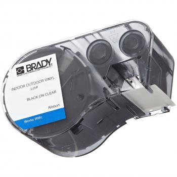 Schwarze Vinyl‑Labelkartusche Brady MC‑1500‑595‑CL‑BK auf klarem Hintergrund, 20 × 1,5