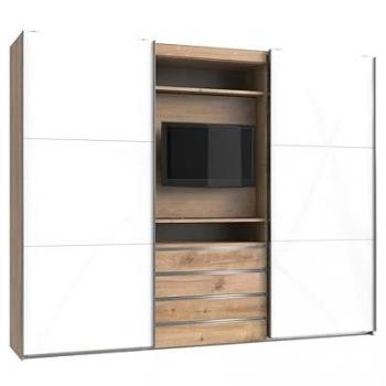 Schwebetürenschrank Magic mit drehbarem TV-Element, 300x236x65 cm, Plankeneiche/Weißglas