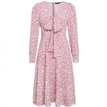 Vestido de Oficina Midi con Estampado Floral y Cuello de Pico