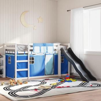 Cadre de lit superposé VidaXL 90x200 cm – Toboggan bleu, rideaux inclus