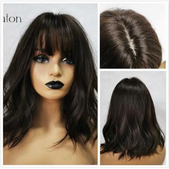 Peluca Sintética de Pelo Corto con Flequillo y Ondas de Agua