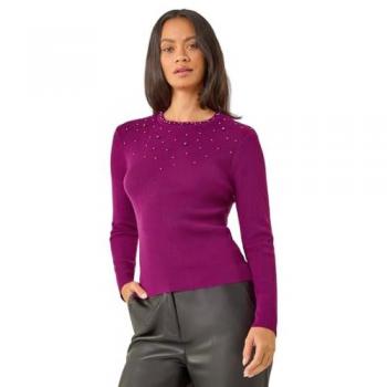 Veste en laine mélangée, couleur pourpre, col rond et perles décoratives