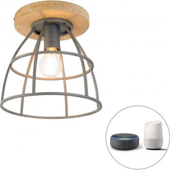 QAZQA Smart Ceiling Fixture – Dark Gray Wood Accent, WiFi Controlled, E27