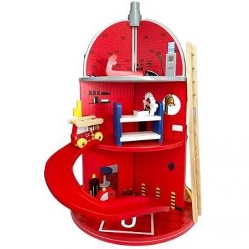 3-Story Wooden Fire Station Playset with 25 Figurines Set, Red