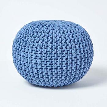 Blue Round Cotton Knitted Pouffe Footstool