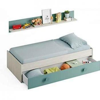 Letto Singolo Habitdesign con Cassettone, Mensola & Lettino Estraibile 201x98h43 Bianco e Verde Acqua