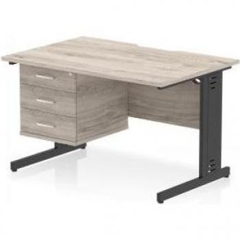 Impulse 1200 × 800mm Scalloped Edge Office Desk (Grey Oak) – Cable Managed, 3D Pedestal, 1 Drawer