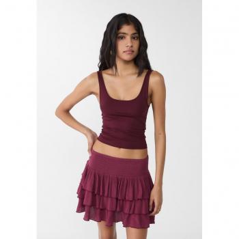Elasticated Waistband Ruffled Skirt Burgundy M