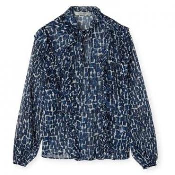 Blusa de mujer con estampado azul y volantes