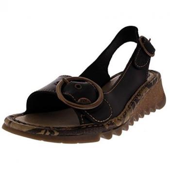Fly London Tram723 Leather Buckle Slingback Wedge Heeled Sandals – Black, Size 5