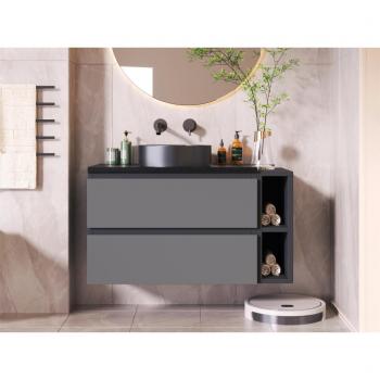 Mueble Suspendido ModernLuxe Negro: Lavabo Cerámico + 2 Cajones + Encimera de Mármol