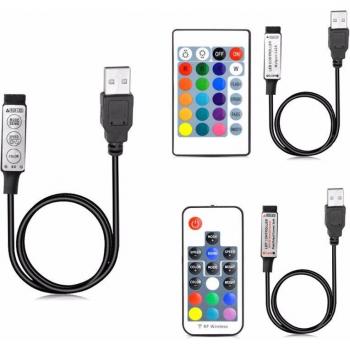 Commande RVB USB 5V pour bande LED avec télécommandes IR (3/24 clés) et RF sans fil (17 clés)