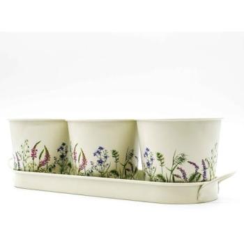 Three‑Pack Country Floral Metal Planter Set with Tray, Cream – British Gardening Co