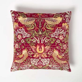 Homescapes Red William Morris Strawberry Thief Velvet Cushion
