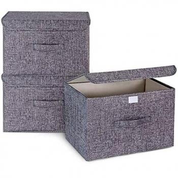 3Pcs Grey Fabric Storage Boxes with Lids for Clothes and Toys, Foldable Linen 37*24*25cm