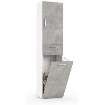 Lavanderia Modena 45x32x195 CM – Acero in Cemento Bianco, Anta, Cassetto e Cestello Portabiancheria