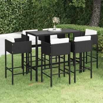 Set Bar da Giardino 7 pz con Cuscini in Polyrattan Nero e Tavolo Alto