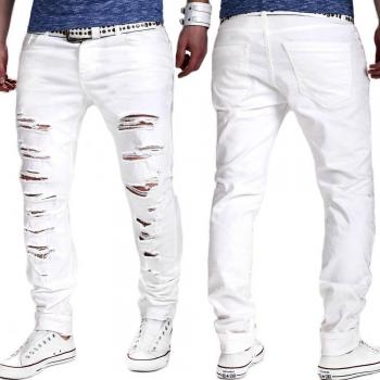 Casual White Denim Ripped Trousers for Men