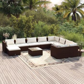 Garnitura da Giardino 11 Pezzi in Polyrattan con Cuscini Marrone